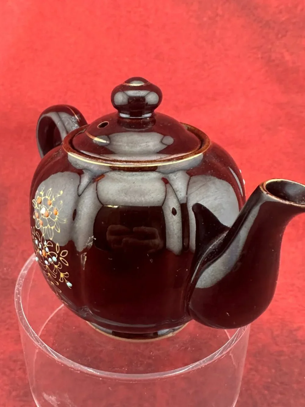 VINTAGE JAPANESE BROWN BETTY REDWARE  TEAPOT CERAMIC MORIAGE ENAMEL HAND PAINTED